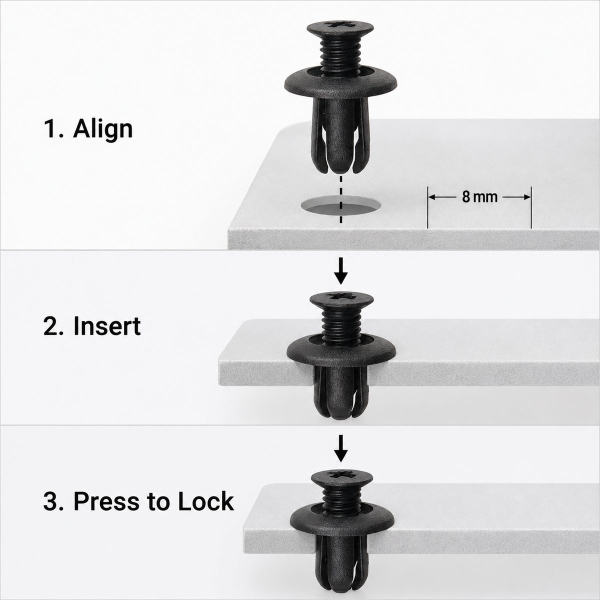 Durable nylon construction detail of Lantee push retainer clip