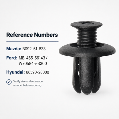 Reference numbers for Lantee Mazda Ford and Hyundai retainer clips