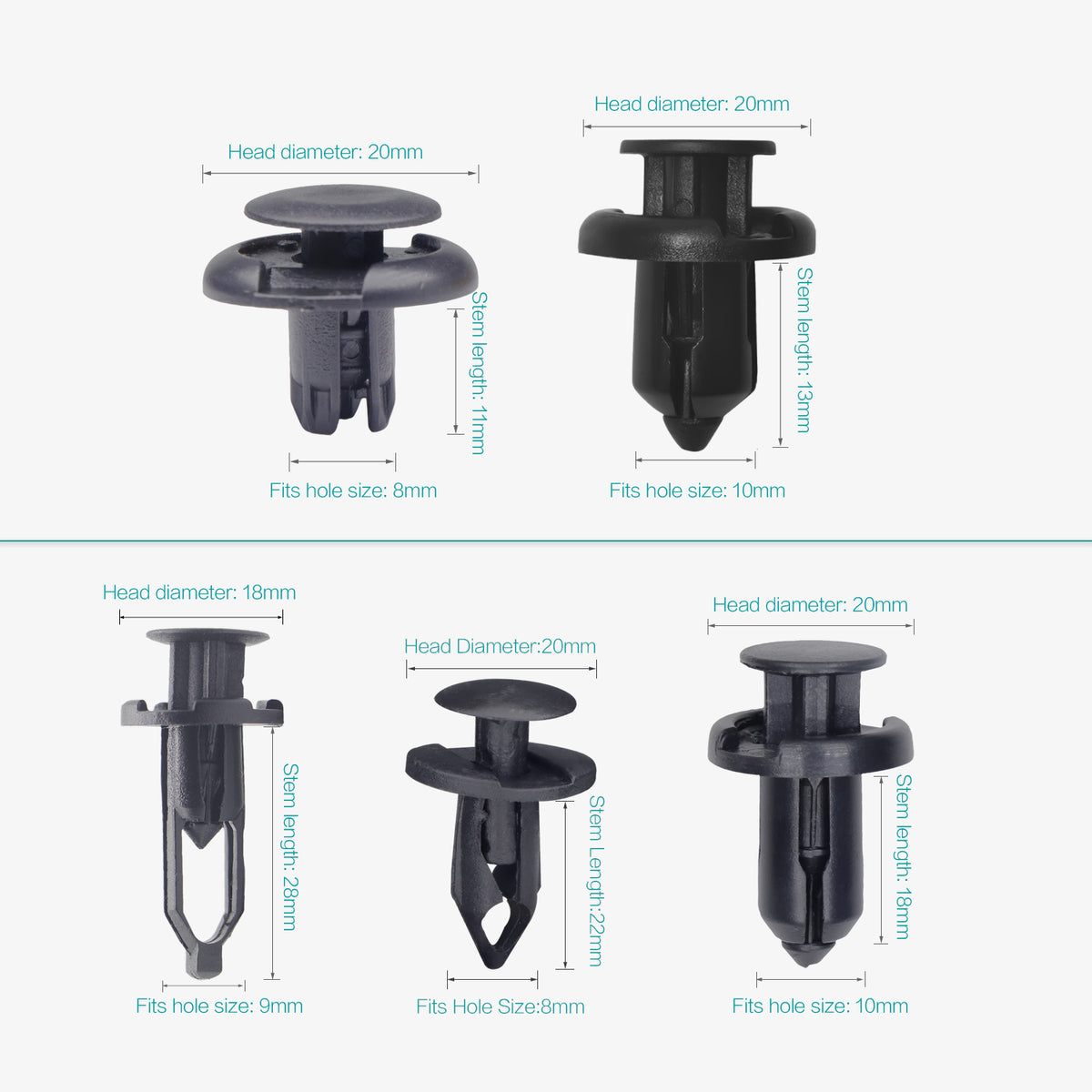 50 Pcs 8mm, 9mm, 10mm Front Bumper Fender Push Type Retainer Clips - Lantee
